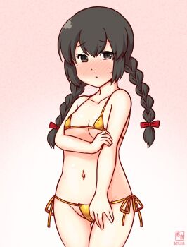 1girl artist_logo bikini black_hair blush braid breasts cameltoe covered_erect_nipples dated gold_bikini gradient_background isonami_(kancolle) kanon_(kurogane_knights) kantai_collection logo looking_at_viewer low_twintails micro_bikini nose_blush pink_background side-tie_bikini_bottom small_breasts solo swimsuit twin_braids twintails