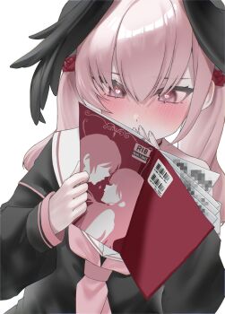1046u 1girl black_cardigan black_wings blue_archive blush book cardigan commentary covering_own_mouth head_wings heart heart-shaped_pupils highres holding holding_book koharu_(blue_archive) long_hair pink_hair pornography reading red_eyes sailor_collar simple_background single_off_shoulder solo symbol-shaped_pupils twintails white_background white_sailor_collar wings