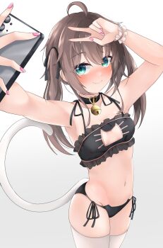 1girl absurdres ahoge armpits bare_arms bell black_bra black_panties bra breasts brown_hair cat_cutout cat_ear_panties cat_girl cat_lingerie cat_tail cellphone clothing_cutout highres holding holding_phone hololive long_hair looking_at_viewer natsuiro_matsuri navel neck_bell panties phone side-tie_panties single_wrist_cuff small_breasts smartphone solo st-147 stomach tail thighhighs underwear underwear_only virtual_youtuber white_tail white_thighhighs wrist_cuffs