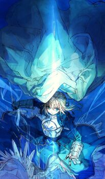 Rule 34 | 1girl, aqua eyes, armor, artoria pendragon (fate), blonde hair, blue background, blue bow, blue dress, blue theme, bow, braid, breastplate, cape, closed mouth, cowboy shot, dress, excalibur (fate/stay night), fate/stay night, fate (series), floating clothes, floating hair, gauntlets, hair between eyes, hair bow, hair bun, hand up, highres, holding, holding sword, holding weapon, hood, hooded cape, juliet sleeves, long sleeves, looking ahead, puffy sleeves, saber (fate), short hair, sidelocks, simple background, sksk sn09, solo, standing, sword, two-tone dress, v-shaped eyebrows, weapon, white armor, white cape, white dress