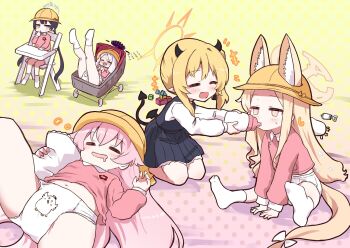 +++ 5girls animal_ears baby_bottle black_dress black_hair black_horns black_tail black_wings blonde_hair blue_archive blush bottle closed_eyes commentary commission demon_horns demon_tail demon_wings diaper dress drooling ears_through_headwear extra_ears finger_in_own_mouth flying_sweatdrops fox_ears fox_girl fox_tail frilled_pillow frills grey_eyes grey_halo halo hat highres hina_(blue_archive) horns hoshino_(blue_archive) hugging_object ibuki_(blue_archive) kindergarten_uniform kisaki_(blue_archive) kisaki_(kindergarten_uniform)_(blue_archive) kurosaki_kousuke legs_up long_hair long_sleeves lying mouth_drool multiple_girls name_tag navel no_shoes on_back open_mouth pacifier peroro_(blue_archive) pillow pillow_hug pinafore_dress pink_eyes pink_hair pink_halo pink_shirt pointy_ears puffy_long_sleeves puffy_sleeves purple_halo school_hat seia_(blue_archive) shirt short_hair side_ponytail sitting skeb_commission sleeping sleeveless sleeveless_dress socks stroller tail twintails very_long_hair white_hair white_shirt white_socks wings yellow_halo yellow_hat