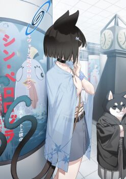 1boy 1girl absurdres alternate_costume animal_ears bag between_breasts black_bag black_choker black_eyes black_hair black_kimono blue_archive blue_halo blue_haori breasts cat_ears cat_girl cat_tail choker commentary_request grey_skirt halo haori highres holding holding_bag japanese_clothes kikyou_(blue_archive) kimono kivotos_dog_citizen_(blue_archive) looking_at_another medium_breasts multiple_tails parted_bangs pizza_(pizzania_company) shirt short_hair skirt strap_between_breasts tail two_tails white_shirt