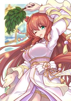 1girl absurdres animal_ears blush bow breasts brown_hair flova11 green_eyes hair_between_eyes hair_ornament highres holding horse_ears horse_girl horse_tail japanese_clothes kimono large_breasts long_hair looking_at_viewer maruzensky_(heavenly_maiden_of_divine_speed)_(umamusume) maruzensky_(umamusume) official_alternate_costume one_eye_closed open_mouth smile solo tail tassel umamusume white_kimono wide_sleeves