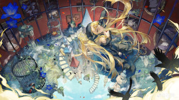 1girl absurdres bare_shoulders bird birdcage black_dress black_hood blonde_hair blue_flower cage castle chinese_commentary cloud crow day detached_hood detached_sleeves dress dungeon_meshi ear_covers falin_touden falin_touden_(chimera) falling_petals floating_hair floating_island flower from_above fur-trimmed_dress fur_trim green_eyes hand_on_own_face highres in_cage indoors long_dress long_hair long_sleeves looking_at_viewer looking_up marcille_donato marcille_donato_(lord) model_building mountain one_eye_covered orange_flower parted_lips petals photo_(object) picture_frame plant pointy_ears portrait_(object) shiling side_part sitting snake solo staff stairs strapless strapless_dress tower very_long_hair vines wariza watermark weibo_watermark wimple