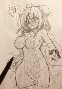 !? 1girl absurdres art_tools_in_frame bandaged_arm bandages blush breasts bun_cover closed_mouth commentary_request cuffs double_bun efukei embarrassed hair_bun highres ibaraki_kasen large_breasts medium_hair neck_flower open_mouth panties shackles sideboob solo spoken_interrobang sweatdrop thighhighs touhou traditional_media underwear