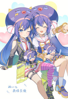 2girls :d ;3 ^_^ ahoge ankle_boots arm_guards arm_support arm_up asymmetrical_legwear bare_legs bare_shoulders belt black_belt black_boots black_gloves black_jacket blue_eyes blue_hair blue_hat blue_nails blue_shirt blue_shoes blush boots bow braid character_doll closed_eyes closed_mouth clothing_cutout collared_shirt commentary_request doll double-parted_bangs dual_persona eel_hat facial_mark facing_viewer fang fingerless_gloves fishnet_thighhighs fishnets foot_out_of_frame gloves hair_between_eyes hair_bow hair_ornament hat heart heart_background holding holding_doll huge_ahoge invisible_chair jacket kneehighs knees_apart_feet_together knees_up lapels large_hat legwear_garter long_hair long_sleeves looking_at_viewer low-braided_long_hair low-tied_long_hair low_twintails miniskirt mismatched_socks mismatched_thighhighs multicolored_hair multiple_girls musical_note nail_polish necktie notched_lapels one_eye_closed open_clothes open_jacket open_mouth orange_hair otomachi_una otomachi_una_(spicy) otomachi_una_(sugar) outstretched_arm petticoat pink_thighhighs pleated_skirt puffy_short_sleeves puffy_sleeves reaching reaching_towards_viewer red_necktie sailor_collar shirt shoes short_sleeves shoulder_cutout simple_background single_fishnet_legwear sitting skirt sleeveless sleeveless_shirt smile socks streaked_hair striped_clothes striped_thighhighs suiso_sn3 thighhighs translation_request twintails two-tone_hair very_long_hair vocaloid white_background white_bow white_sailor_collar white_shirt white_skirt white_socks wristband zettai_ryouiki