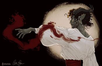 1boy arcanegold arm_up back beard_stubble black_border black_hair blood border colored_sclera colored_skin commentary curled_horns curly_hair demon_boy demon_horns dungeons_&amp;_dragons ear_piercing english_commentary facial_hair fading_border fantasy from_side gold_piercing green_skin hemokinesis horns long_sleeves looking_to_the_side original piercing pointy_ears profile puffy_long_sleeves puffy_sleeves red_eyes red_sash ring_piercing sash shirt shirt_tucked_in sidelighting signature skin-covered_horns stubble thick_eyebrows tiefling upper_body very_low_bun vincent_obra_(arcanegold) waist_sash white_background white_shirt yellow_sclera