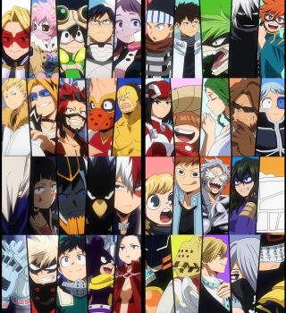 10s absurdres aoyama_yuuga armor ashido_mina asui_tsuyu awase_yousetsu bags_under_eyes bakugou_katsuki beak bird black-tinted_eyewear black_eyes black_hair black_sclera black_skin blonde_hair blue-tinted_eyewear blue_bodysuit blue_eyes blue_hair blue_neckwear blush blush_stickers bodysuit boku_no_hero_academia bondoo_kojiro breasts brown_eyes brown_hair burn_scar cape chinese_clothes choker cleavage closed_eyes colored_sclera colored_skin crow eye_mask eyebags facial_mark fukidashi_manga glasses gloves goggles goggles_on_head green_eyes green_hair grey_eyes hagakure_toru hair_over_one_eye headband heterochromia highres honenuki_juuzou horns horse_girl iida_tenya invisible invisible_girl jacket jiro_kyoka kaibara_sen kamakiri_togaru kaminari_denki kendou_itsuka kirishima_eijirou kodai_yui komori_kinoko kouda_kouji kuroiro_shihai mask metal_arm midget midoriya_izuku mineta_minoru monoma_neito multicolored_hair multiple_boys multiple_girls mushroom_girl necktie ojiro_mashirao open_clothes open_mouth orange_hair pink-tinted_eyewear pink_hair pink_skin plant praying purple_hair red-tinted_eyewear red_cape red_eyes red_hair rin_hiryuu satou_rikidou scar scarf sero_hanta sharp_teeth shiozaki_ibara shishida_juurouta shouda_nirengeki shouji_mezou spiked_hair teeth tetsutetsu_tetsutetsu thick_lips tinted_eyewear todoroki_shoto tokage_setsuna tokoyami_fumikage tongue tongue_out too_many topless_male tsuburaba_kousei tsunotori_pony uraraka_ochako vines visor white_hair winter_clothes yanagi_reiko yaoyorozu_momo yellow_eyes
