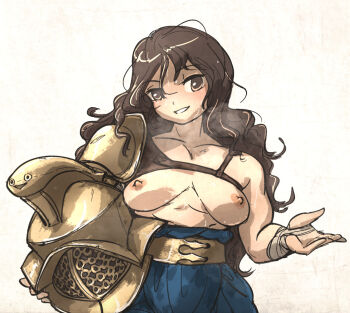 Rule 34 | 1girl, armor, bandaged wrist, bandages, belt, breasts, brown eyes, brown hair, commentary, english commentary, gladiator, grin, helmet, holding, holding unworn helmet, ironlily, long hair, looking at viewer, medium breasts, messy hair, murmillo, murmillo helmet, muscular, muscular female, nipples, original, pauldrons, roman empire, shoulder armor, simple background, single pauldron, smile, solo, topless female, unworn headwear, unworn helmet, upper body, white background