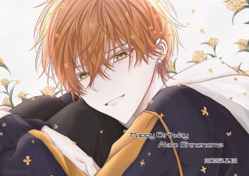 earrings flower green_eyes happy_birthday highres hood hood_down hoodie jacket jewelry looking_at_viewer meshimen orange_hair project_sekai shinonome_akito smile teeth white_background white_hoodie