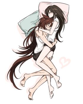 2girls animal_ears barefoot black_shorts blush breasts brown_hair cleavage closed_eyes closed_mouth commentary cuddling female_trainer_(umamusume) grabbing_another's_thighs highres horse_ears horse_girl horse_tail large_breasts long_hair multiple_girls parted_lips shorts sirius_symboli_(umamusume) siriusjfu sleeping tail tank_top toes trainer_(umamusume) umamusume white_tank_top yuri