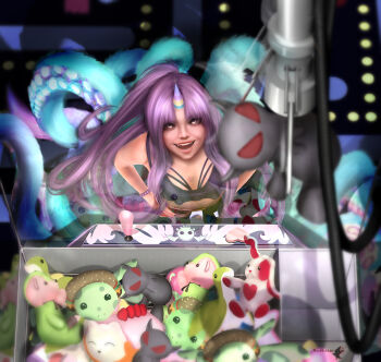 1girl absurdres arcade bracelet crane_(machine) crane_game crop_top fangs gradient_fur happy highres jewelry monster_girl narwhal octopus_girl octopus_tentacles pink_hair rainbow_horn ruthless_raven_art smile solo stuffed_animal stuffed_demon stuffed_rabbit stuffed_toy stuffed_turtle teddy_bear tentacles unicorn_horn yellow_eyes