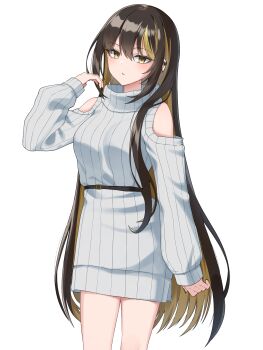 Rule 34 | 1girl, :o, alternate hair length, alternate hairstyle, belt, black hair, blonde streaks, camellia 90, clothing cutout, commentary request, dress, earclip, highres, idolmaster, idolmaster shiny colors, ikaruga luca, long hair, long sleeves, looking at viewer, ribbed dress, shoulder cutout, simple background, solo, straight hair, sweater, sweater dress, thighs, very long hair, white background, white dress, yellow eyes