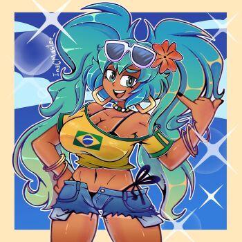 1girl aqua_eyes aqua_hair bead_choker beads black_nails brazilian_flag brazilian_flag_print brazilian_miku breasts bright_pupils cleavage cowboy_shot eyewear_on_head flag_print flower hair_flower hair_ornament hatsune_miku highres inacmaster large_breasts long_hair navel off-shoulder_shirt off_shoulder open_mouth outline print_shirt rectangular_earrings red_flower shaka_sign shirt shorts_tan signature smile solo sunglasses tan tanline tanline_peek twintails very_long_hair vocaloid white-framed_eyewear white_outline white_pupils yellow_shirt