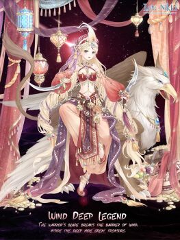 1girl anklet arabian_clothes artist_request bandana barre blonde_hair blue_eyes blue_gem bow character_name circlet closed_mouth coin copyright_logo curtains dagger detached_sleeves dot_nose dual_wielding english_text eyelashes flats flower forehead_jewel full_body gem gold_anklet gold_coin gold_necklace griffin hair_bow hair_ornament hair_ribbon happy harem_outfit harem_pants hat hat_flower holding holding_dagger holding_knife holding_weapon jewelry knife lantern leg_up light_blush lipstick logo long_hair long_sleeves looking_at_viewer low-tied_long_hair low_twintails makeup miracle_nikki necklace nikki_(series) official_art pants puffy_long_sleeves puffy_sleeves purple_bow purple_ribbon red_bandana red_lips red_pants red_shoes red_sleeves red_tube_top ribbon shoes smile solo space star_(sky) strapless tassel tassel_hair_ornament third-party_source tiptoes treasure tress_ribbon tube_top turban twintails very_long_hair weapon wind_deep_legend_(miracle_nikki)