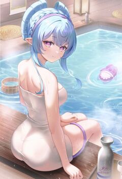 1girl ass bare_shoulders blue_hair bottle braid breasts closed_mouth commentary_request genshin_impact hair_up highres indoors large_breasts light_blush looking_at_viewer naked_towel onsen pink_eyes pointy_ears purple_eyes purple_pupils revision shoulder_blades sitting smile soaking_feet solasuna solo symbol-shaped_pupils towel wet yumemizuki_mizuki