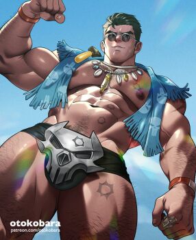 Rule 34 | 1boy, abs, arm hair, artist name, bara, biceps, black eyes, black hair, black male swimwear, broad shoulders, bullet scar, chest hair, cowboy shot, cross, cross necklace, dutch angle, flexing, from below, groin, highres, jewelry, large pectorals, leg hair, looking at viewer, male focus, male swimwear, marvel, marvel rivals, muscular, muscular arms, muscular legs, necklace, nipples, official alternate costume, otokobara, patreon username, pectorals, pendant, pubic hair, scar, scar on arm, scar on chest, scar on leg, scar on shoulder, scar on stomach, shiny skin, skull ornament, skull print, skull ring, solo, summer, sunglasses, swim briefs, the punisher (character), thick eyebrows, thighs, towel, towel around neck, veins, veiny arms, wristband