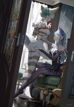 2girls absurdres applying_gag arms_behind_back ballerina ballet_slippers bang_dream! bang_dream!_it&#039;s_mygo!!!!! bdsm black_dress black_gloves black_pantyhose blue_hair bondage bound bound_ankles bound_arms bound_calves bound_legs bound_thighs bound_torso bound_wrists box_tie breasts cleavage dress elbow_gloves female_focus frilled_dress frills gag gloves green_hair highres indoors looking_at_another medium_breasts multiple_girls pantyhose roundschen shibari shibari_over_clothes sitting skindentation standing togawa_sakiko wakaba_mutsumi white_dress white_gloves white_pantyhose yellow_eyes yuri