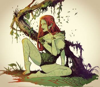 Rule 34 | batman (series), character name, colored skin, dc comics, english text, florakinesis, giada belviso, green leotard, green lips, green pantyhose, green skin, highres, leaf clothing, leaf leotard, leotard, long hair, monster girl, pantyhose, plant, plant clothing, plant girl, poison ivy, red hair, smile, solo, tree, vines