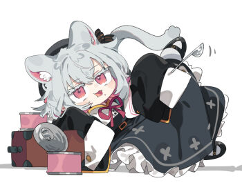 Rule 34 | 1girl, animal ears, black dress, black shoes, blush, can, canned food, cat ears, cat girl, cat tail, commentary, dress, fork, frilled dress, frills, full body, grey hair, holding, holding fork, karei, long sleeves, looking at viewer, lying, mary janes, neck ribbon, on side, open mouth, pinafore dress, red eyes, red ribbon, ribbon, sayo (voicevox), shirt, shoes, short hair, simple background, sleeveless, sleeveless dress, sleeves past fingers, sleeves past wrists, solo, symbol-only commentary, tail, voicevox, white background, white shirt