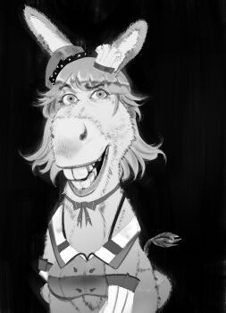 1boy absurdres animal_ears beret black_background bow bowtie breasts chef_hat commentary cosplay donkey donkey_(shrek) donkey_ears donkey_tail english_commentary fusion greyscale grin hat highres hololive hololive_english large_breasts long_hair looking_at_viewer monochrome off-shoulder_shirt off_shoulder ribbon shirt shrek_(series) simple_background sketch smile solo takanashi_kiara takanashi_kiara_(cosplay) upper_body virtual_youtuber xyanaid