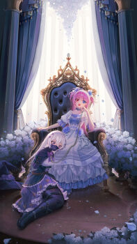 Rule 34 | 2girls, :d, ahoge, arm support, armbinder, artist request, belt, black capelet, blue eyes, capelet, chain, chain leash, chair, check artist, collarbone, commission, dress, fang, flower, frilled dress, frills, grey hair, hair flower, hair ornament, hat, heterochromia, high heels, highres, leaning on person, leash, legbinder, leno^a^, long hair, multiple girls, on chair, open mouth, original, pink hair, pointy ears, purple dress, purple eyes, red eyes, reflection, rose, second-party source, smile, unworn headwear, variant set, white dress, white flower, white rose, witch hat