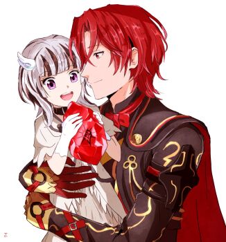 1boy 1girl aged_down alternate_hairstyle black_hair brother_and_sister crossed_bangs fire_emblem fire_emblem_engage grey_hair hair_between_eyes highres jupiter_(042073) male_alear_(fell_child)_(fire_emblem) male_alear_(fire_emblem) nintendo official_alternate_color official_alternate_eye_color official_alternate_hair_color prince purple_eyes red_eyes red_hair siblings veyle_(fire_emblem)