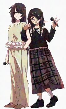 2girls :d absurdres alternate_costume alternate_hair_color black_hair black_shirt black_shoes braid closed_mouth collared_shirt commentary_request dress full_body hair_between_eyes hand_in_pocket hanekawa_tsubasa hatahata_(okkrslk) high_heels highres holding holding_microphone locked_arms long_dress long_hair long_sleeves microphone monogatari_(series) multiple_girls open_mouth plaid_clothes polka_dot polka_dot_shirt round_eyewear senjougahara_hitagi shirt shoes simple_background sketch sleeveless sleeveless_dress smile twin_braids very_long_hair white_background