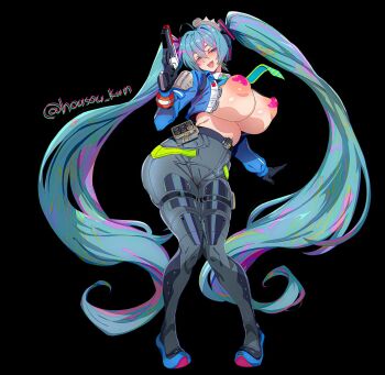 1girl alternate_breast_size_(larger) aqua_hair areola_slip ass black_background blue_eyes blue_jacket breasts breasts_out censored censored_nipples collared_shirt cosplay fang full_body gun hair_between_eyes hair_ornament hatsune_miku heart heart_censor highres holding holding_gun holding_weapon housou-kun huge_ass huge_breasts jacket long_hair looking_at_viewer necktie open_mouth police police_uniform policewoman shirt simple_background solo tight_clothes twintails twitter_username very_long_hair vocaloid weapon zenless_zone_zero zhu_yuan zhu_yuan_(cosplay)