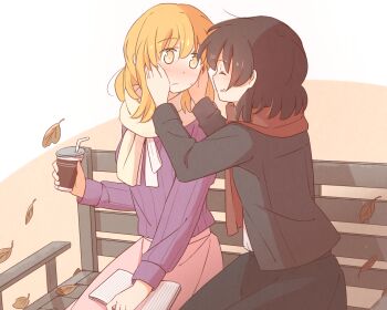 Rule 34 | 2girls, alternate costume, bench, black jacket, black skirt, blonde hair, blush, bow, bowtie, brown hair, closed eyes, commentary request, cup, drinking straw, falling leaves, grin, hand on lap, hands on another's face, jacket, leaf, looking at another, maribel hearn, missing headwear, multiple girls, nose blush, notepad, park bench, pink scarf, pink skirt, purple sweater, red scarf, ribbon, scarf, shirt, shirt tucked in, short hair, sidelocks, sideways mouth, simple background, sitting, skirt, smile, sweat, sweatdrop, sweater, touhou, unagi sango, usami renko, white background, white bow, white bowtie, white shirt, wide-eyed, yellow eyes, yuri