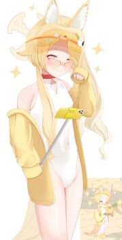Rule 34 | 1girl, absurdres, animal ear fluff, animal ears, blonde hair, blue archive, breasts, cellphone, clothing cutout, covered navel, cross halo, diamond cutout, feet out of frame, fox ears, fox girl, fox tail, game screenshot inset, halo, highleg, highleg one-piece swimsuit, highres, holding, jacket, long hair, multiple views, official alternate costume, official alternate hairstyle, one-piece swimsuit, orange-tinted eyewear, orange eyes, phone, screenshot inset, seia (blue archive), seia (swimsuit) (blue archive), selfie stick, sepi2237, side ponytail, simple background, small breasts, sparkle, sunglasses, swimsuit, tail, taking picture, tinted eyewear, visor cap, white background, white one-piece swimsuit, yellow halo, yellow jacket, yellow visor