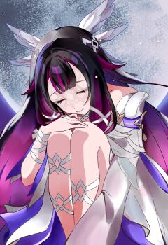 Rule 34 | 1girl, black hair, blunt bangs, center-flap bangs, closed eyes, closed mouth, collarbone, colored inner hair, columbina (genshin impact), cowlick, dress, eye mask, eyelashes, facing down, feathered wings, fetal position, full moon, genshin impact, hair ornament, hair ribbon, hand on own knee, head wings, highres, hunched over, long hair, long sleeves, mask, moon, multicolored hair, night, off shoulder, outdoors, pink hair, pink lips, ribbon, see-through clothes, see-through mask, sky, smile, solo, tensei erinngi, tress ribbon, very long hair, white dress, white mask, white ribbon, white sleeves, white wings, wing hair ornament, wings, wrist ribbon