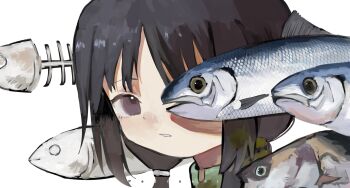 Rule 34 | 1girl, artist name, black hair, chito (shoujo shuumatsu ryokou), commentary, fish, fish skeleton, hashtag-only commentary, highres, looking at viewer, parted lips, pedrochi, purple eyes, shoujo shuumatsu ryokou, simple background, solo, twintails, white background