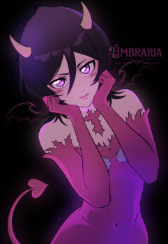 Rule 34 | 1girl, absurdres, alternate costume, alternate eye color, artist name, black hair, bleach, commentary, contrapposto, demon girl, demon horns, demon tail, demon wings, dress, elbow gloves, english commentary, flat chest, gloves, hair between eyes, highres, horns, kuchiki rukia, lips, navel, pink dress, pink eyes, pink gloves, pink lips, solo, strapless, strapless dress, tail, umbra (edits umbra), upper body, watermark, wings