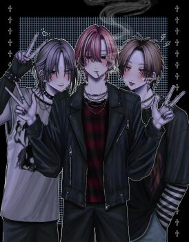 Rule 34 | 3boys, arm up, black gloves, black jacket, black nails, black pants, black shirt, blue eyes, blush, brown hair, cigarette, closed mouth, commentary, double w, ear piercing, fingerless gloves, fingernails, gloves, grey hair, grey shirt, hair between eyes, hands up, heterochromia, highres, jacket, jewelry, long sleeves, looking at viewer, male focus, multiple boys, multiple rings, nail polish, necklace, nmnr ut, open clothes, open jacket, original, pants, parted bangs, parted hair, piercing, red eyes, red hair, red shirt, ring, shirt, short hair, short sleeves, smoke, smoke trail, smoking, symbol-only commentary, tongue, tongue out, v, w