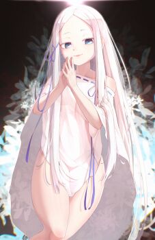 1girl blue_eyes child clothes_lift colored_eyelashes dress dress_lift flat_chest flower ha_kang hands_together highres long_hair looking_at_viewer pandora_(re:zero) re:zero_kara_hajimeru_isekai_seikatsu thick_thighs thighs very_long_hair white_dress white_hair wide_hips