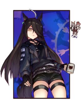 Rule 34 | 1girl, ahoge, animal ears, arknights, astrograph21, belt, black belt, black collar, black gloves, black hair, black shirt, black shorts, breasts, character request, chest harness, closed mouth, collar, commentary, cosplay, cup, dagda (arknights), dagda (arknights) (cosplay), demon girl, ear ornament, ear tag, earrings, english commentary, frown, gloves, hair between eyes, hair over one eye, harness, holding, holding cup, horse ears, horse girl, horse tail, jewelry, long bangs, long hair, long hair between eyes, looking at viewer, manhattan cafe (umamusume), mug, multicolored hair, shirt, short shorts, shorts, single earring, small breasts, solo focus, split mouth, tail, thigh strap, torn clothes, torn shirt, umamusume, very long hair, white hair, yellow eyes