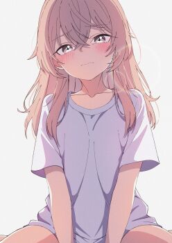 1girl absurdres blue_background closed_mouth collarbone commentary_request crossed_bangs ganetto29 gradient_background grey_eyes grey_hair grey_shirt hair_between_eyes highres inui_sajuna long_hair looking_at_viewer shirt short_sleeves sitting solo sono_bisque_doll_wa_koi_wo_suru t-shirt tearing_up wariza wavy_mouth