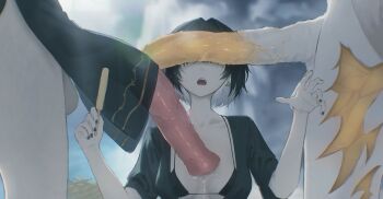 1girl 2futa animal_penis bikini black_hair black_nails breasts collarbone colored_inner_hair cuora_(artist) earrings erection female_rover_(wuthering_waves) fleurdelys_(wuthering_waves) food futa_with_female futanari highres holding holding_food holding_ice_cream horse_penis huge_penis ice_cream jewelry lorelei_(wuthering_waves) medium_breasts multicolored_hair multiple_futa nail_polish open_clothes open_mouth outdoors penis penis_awe penis_on_face precum rover_(wuthering_waves) short_hair short_sleeves size_difference swimsuit teeth testicles uncensored wuthering_waves