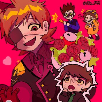 1other 3boys ? animification antenna_hair artist_name beard_stubble black_coat black_vest blue_shirt blush bouquet brown_hair burn_scar can coat cola colored_sclera commentary drink_can edd_(eddsworld) eddsworld english_commentary eyepatch facial_hair flipped_hair flower future_edd_(eddsworld) future_tom_(eddsworld) future_tord_(eddsworld) green_eyes green_hoodie hair_ears head-mounted_display heart highres hin_9652 holding holding_bouquet holding_heart hood hood_down hoodie lcd long_sleeves male_focus mechanical_arms multiple_boys necktie open_clothes open_coat open_mouth original party_popper red_background red_eyes red_flower red_necktie red_rose red_shirt rose scar scar_on_face shirt short_hair simple_background single_mechanical_arm smile solo_focus spiked_hair stubble tom_(eddsworld) tord_(eddsworld) vest yaoi yellow_sclera