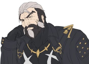 1boy bara beard black_beard black_gloves black_hair black_jacket black_shirt compression_shirt facial_hair facial_scar gloves jacket jewelry leather leather_jacket looking_to_the_side male_focus multicolored_hair muscular muscular_male old old_man pectoral_cleavage pectorals pensuke_is pompey_(zenless_zone_zero) scar scar_on_cheek scar_on_face shirt simple_background sitting skin_tight white_background white_beard white_hair wrinkled_skin zenless_zone_zero