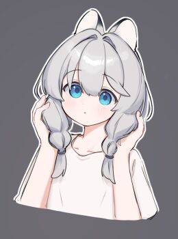 1girl :o animal_ears blue_eyes blush braid commentary cropped_torso grey_background grey_hair hair_between_eyes hair_intakes hair_over_shoulder hands_up holding holding_own_hair looking_at_viewer low_twintails original outline parted_lips riya_(01214) shirt short_sleeves simple_background solo symbol-only_commentary twin_braids twintails upper_body white_outline white_shirt wolf_ears