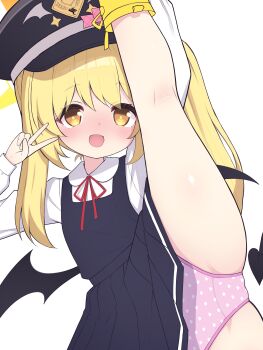1girl :d absurdres black_hat black_tail black_wings blonde_hair blue_archive blue_dress blush boots demon_girl demon_tail demon_wings dress halo hat heart heart_print_panties heart_print highres ibuki_(blue_archive) kneepits loli long_hair long_sleeves looking_at_viewer neck_ribbon nose_blush open_mouth panties peaked_cap pinafore_dress pink_panties polka_dot polka_dot_panties print_panties puffy_long_sleeves puffy_sleeves red_ribbon ribbon rubber_boots sasakura_momiji shirt side_ponytail simple_background sleeveless sleeveless_dress smile solo split standing standing_on_one_leg standing_split tail underwear v variant_set white_background white_shirt wings yellow_boots yellow_eyes yellow_halo