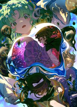 Rule 34 | 4girls, black cape, black hat, black skirt, blonde hair, blue background, blue hairband, blush, bow, brown eyes, brown hair, bubble, cape, closed eyes, commentary request, cover, cover page, dress, frog hair ornament, green eyes, green hair, hair ornament, hairband, hat, hat bow, highres, kajatony, kochiya sanae, long hair, long sleeves, maribel hearn, multiple girls, novel cover, open mouth, plaid clothes, plaid skirt, plaid vest, pleated skirt, profile, purple dress, purple skirt, purple vest, red-framed eyewear, red cape, runes, shirt, single sidelock, skirt, snake hair ornament, surprised, textless version, touhou, two-sided cape, two-sided fabric, usami renko, usami sumireko, vest, white bow, white shirt