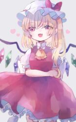 Rule 34 | 1girl, ascot, bat wings, blonde hair, crystal, flandre day, flandre scarlet, hat, hat ribbon, hiyuu (hiyualice), mob cap, multicolored wings, one side up, open mouth, puffy short sleeves, puffy sleeves, red eyes, red skirt, red vest, ribbon, short sleeves, side ponytail, skirt, skirt set, solo, star (symbol), touhou, vest, white hat, wings, yellow ascot