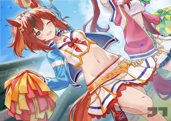 2girls ;d absurdres animal_ears arm_up belt belt_buckle blue_jacket blue_sky breasts brown_eyes brown_hair buckle cheerleader commentary_request confetti crop_top day genkai_made_pom_pon!! highres holding holding_pom_poms horse_ears horse_girl horse_tail jacket jtleeklm long_hair looking_at_viewer medium_breasts medium_hair multicolored_hair multiple_girls navel nice_nature_(run&amp;win)_(umamusume) nice_nature_(umamusume) one_eye_closed open_mouth outdoors pink_jacket pom_pom_(cheerleading) pom_poms ponytail red_hair shirt skirt sky smile standing standing_on_one_leg stomach streaked_hair tail umamusume white_shirt white_skirt win_variation_(umamusume) yellow_belt