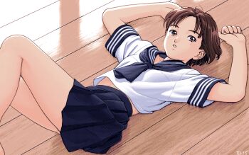 1990s_(style) 1girl archived_source arms_up artist_name blue_sailor_collar blue_skirt breasts brown_eyes brown_hair character_request commentary_request copyright_request dithering feet_out_of_frame knee_up looking_to_the_side lying midriff_peek miniskirt on_back on_floor parted_bangs parted_lips pc-98_(style) pixel_art pleated_skirt retro_artstyle sailor_collar school_uniform serafuku shirt short_hair short_sleeves signature skirt small_breasts sunlight teeth teiku_(take) turning_around white_shirt white_trim wooden_floor