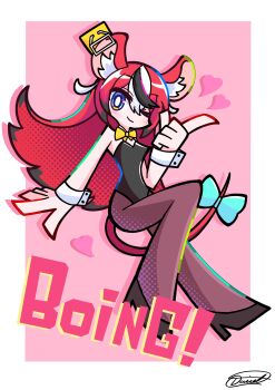 1girl absurdres alternate_costume alternate_hairstyle animal_ear_fluff animal_ears aqua_bow bare_shoulders black_hair black_leotard black_shoes blush border bow bowtie bright_pupils closed_mouth drop_shadow english_text full_body hakos_baelz heart high_heels highres hololive hololive_english index_finger_raised leotard long_hair mouse_ears mouse_girl mouse_tail mousetrap multicolored_hair one_eye_closed pantyhose pink_background purple_pantyhose red_hair shoes sico_de_seraph signature simple_background smile solo strapless strapless_leotard tail tail_bow tail_ornament virtual_youtuber white_border white_hair white_pupils wrist_cuffs yellow_bow yellow_bowtie