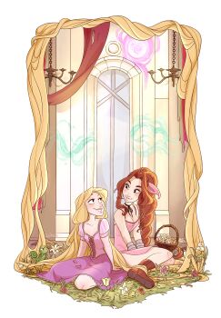 2girls absurdres aerith_gainsborough bangle bare_shoulders basket black_choker blonde_hair boots border bracelet braid braided_ponytail breasts brown_boots brown_hair chameleon chandelier choker church cleavage closed_mouth dress final_fantasy final_fantasy_vii flower flower_basket flower_bed hair_ribbon highres jewelry kneeling lifestream lily_(flower) long_dress long_hair looking_at_another medium_breasts multiple_girls parted_lips pascal_(tangled) pink_dress pink_ribbon rapunzel_(disney) ribbon ribbon_choker single_braid sitting skirtzzz smile spaghetti_strap tangled very_long_hair white_border