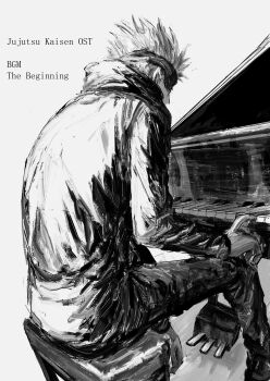 1boy absurdres blindfold collared_jacket english_text gojou_satoru grand_piano highres instrument jacket jujutsu_kaisen jujutsu_tech_uniform kuwoniagyu11112 male_focus music pants piano playing_instrument playing_piano short_hair simple_background sitting solo spiked_hair white_background